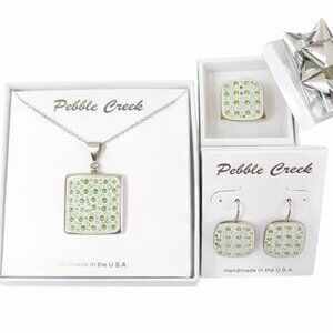 Handcrafted Swarovski Peridot Crystal & Clay Square Pendant Set